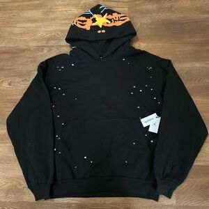 Sp5der Heavy Web Hoodie Black Orange and Yellow Star Hood Graphic Size Large